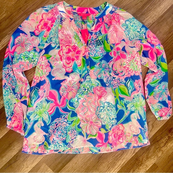 Lilly Pulitzer Tops - LILLY PULITZER Elsa Top Multi Peony For Your Thoughts 100% Silk Blouse Size XL